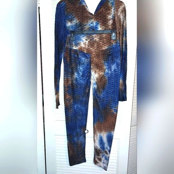 Women's Honeycomb Bubble Texture Tie Dye Butt Lift Activewear Sweatsuit Hooded M - Picture 8 of 10